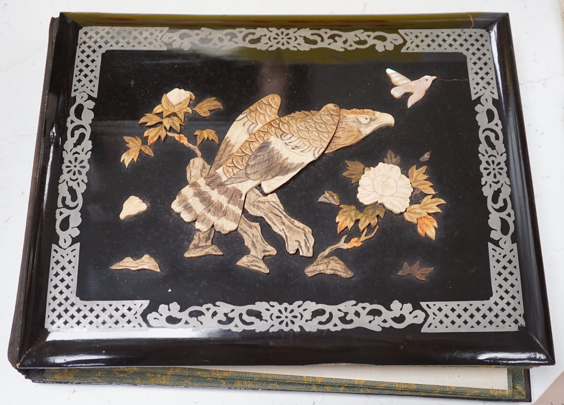 A Japanese shibayama style photograph album, vacant, 35cms wide x 27cms high